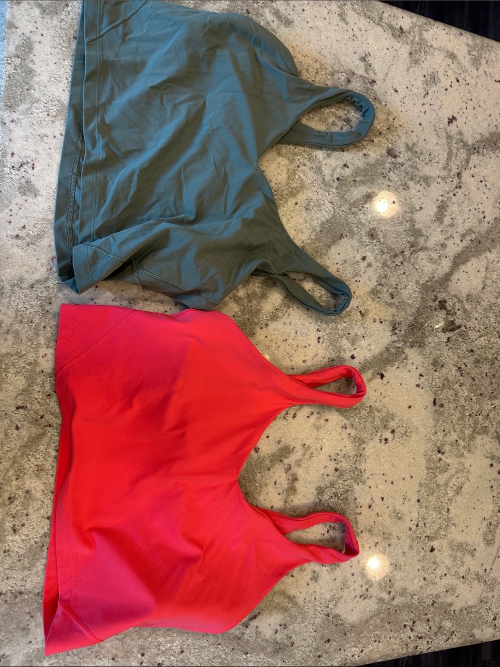 lululemon athletica Scoop Sports Bras in Coral Red & Olive green